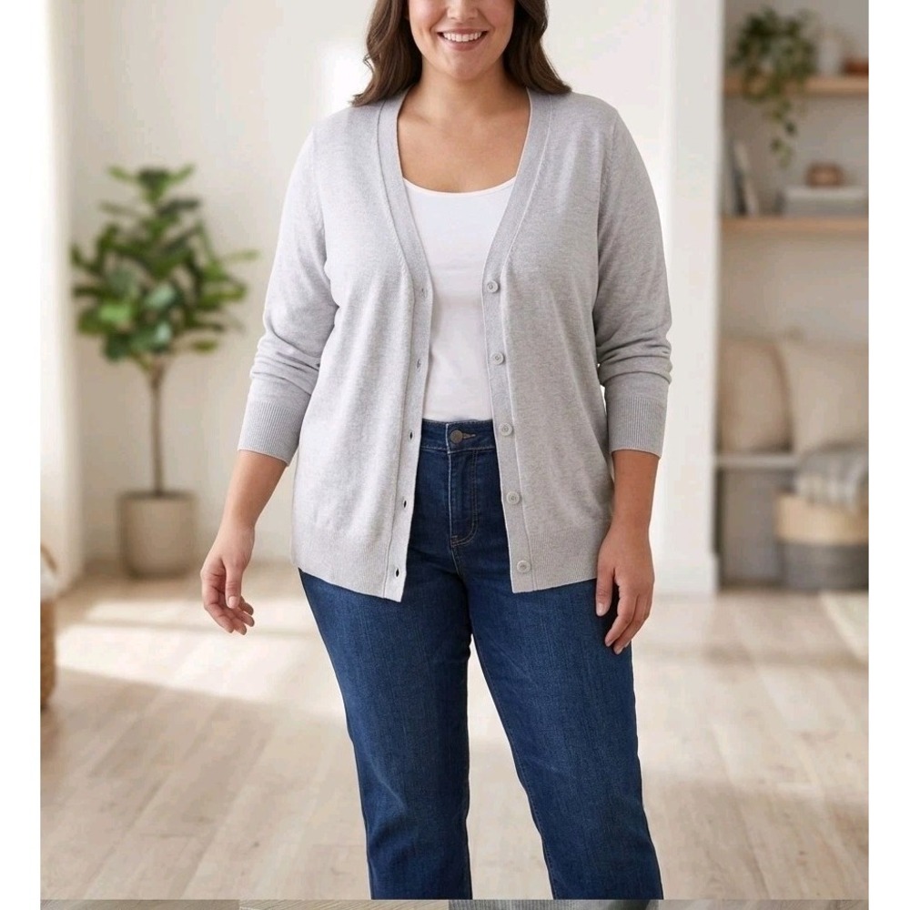 Lane Bryant Cardigan Sweater 18/20 Gray V-Neck Button Front Lightweight Preppy